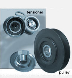 close up of engine tensioners and pulleys